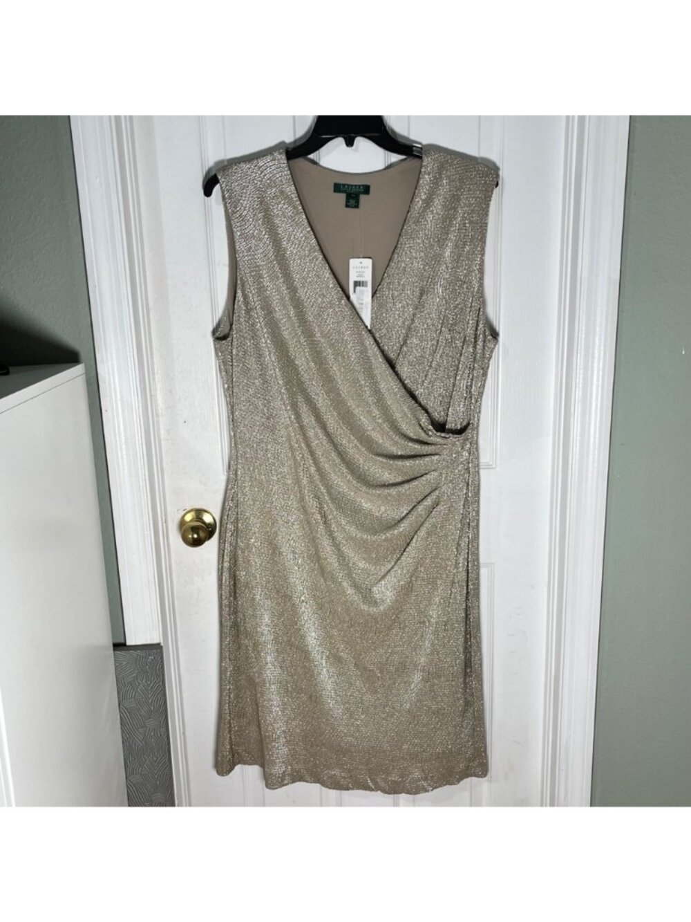 Lauren Ralph Lauren Sleeveless Gold Metallic Gold Wrap Dress 18W NWT $184 - Picture 8 of 8